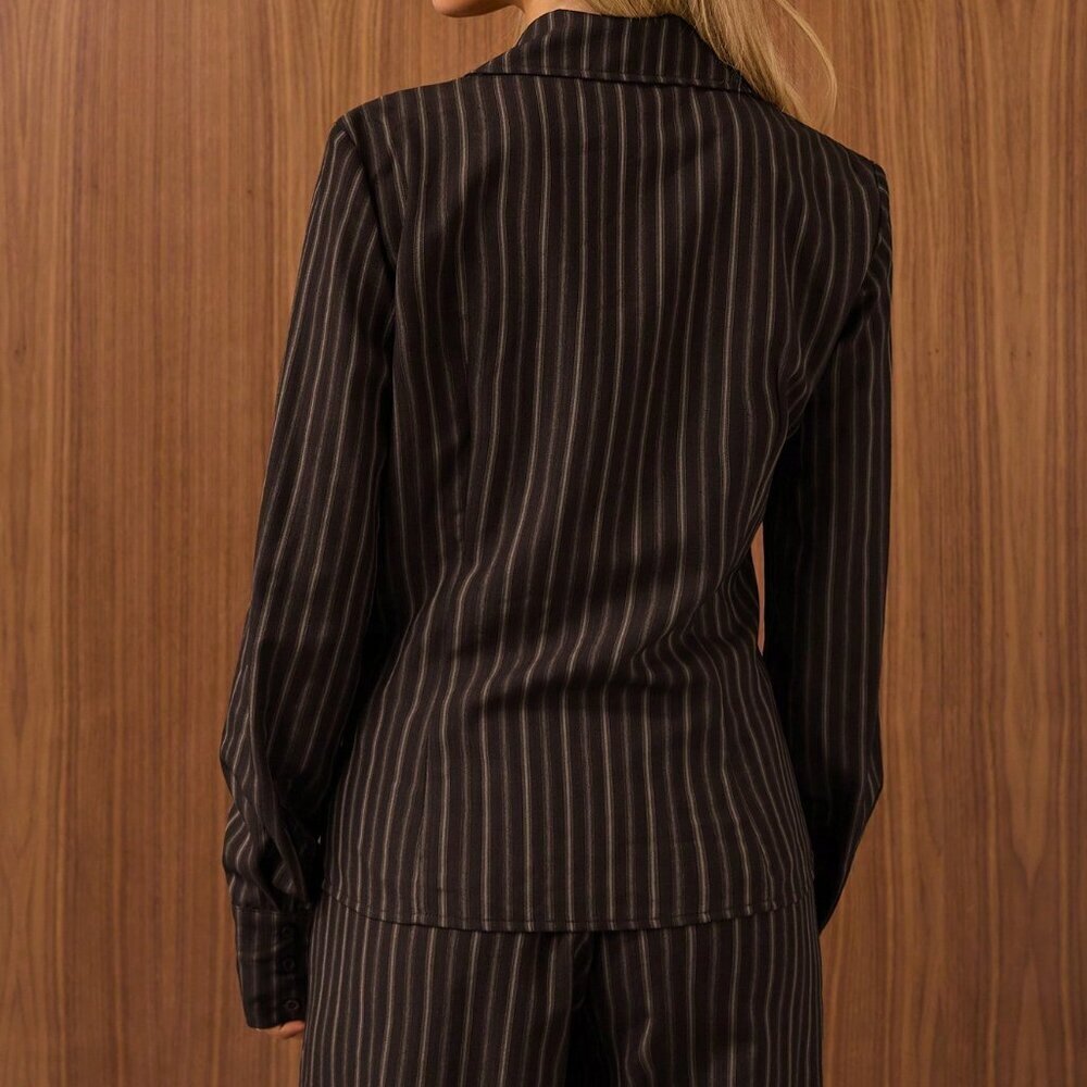 Coffee Brown Casual Women's Striped Long-Sleeved Pleated Blouse - Picture 2 of 7